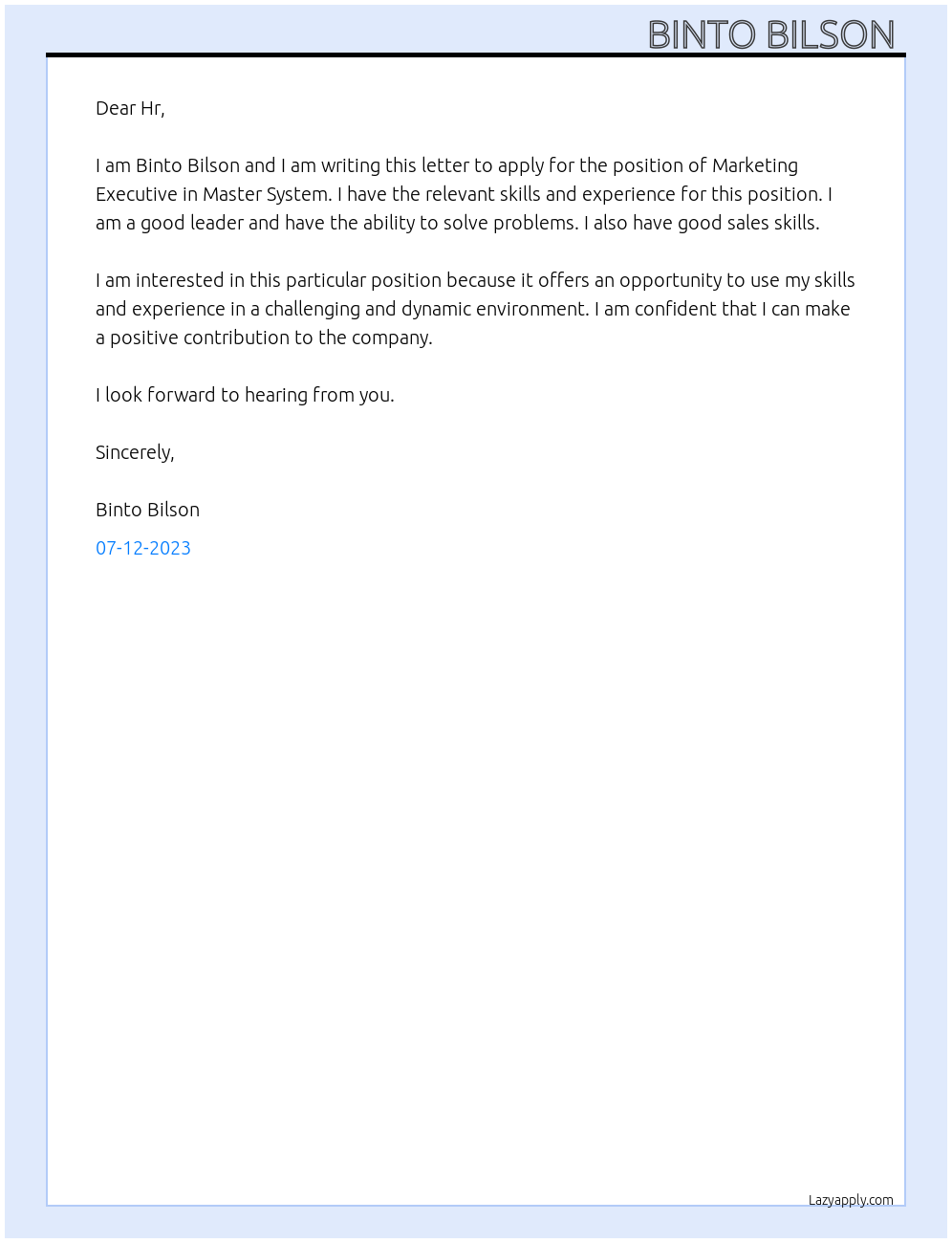 Marketing Executive  At Master System  Cover Letter