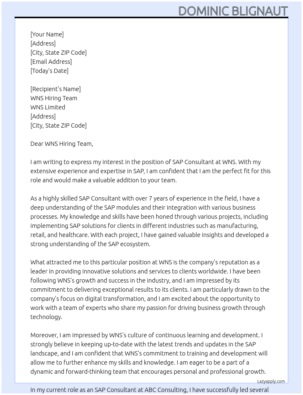 Cover letter for sap consultant - LazyApply
