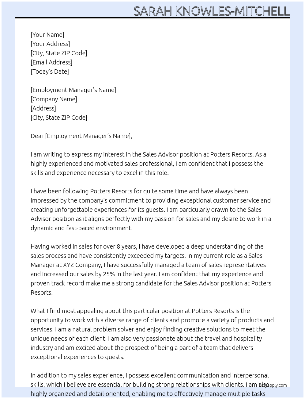 Sales Advisor At Potters Resorts Cover Letter