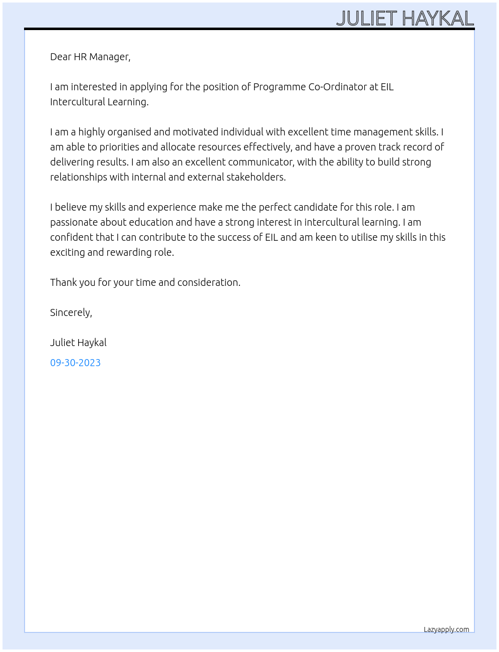 Programme Co-Ordinator At EIL Intercultural Learning Cover Letter