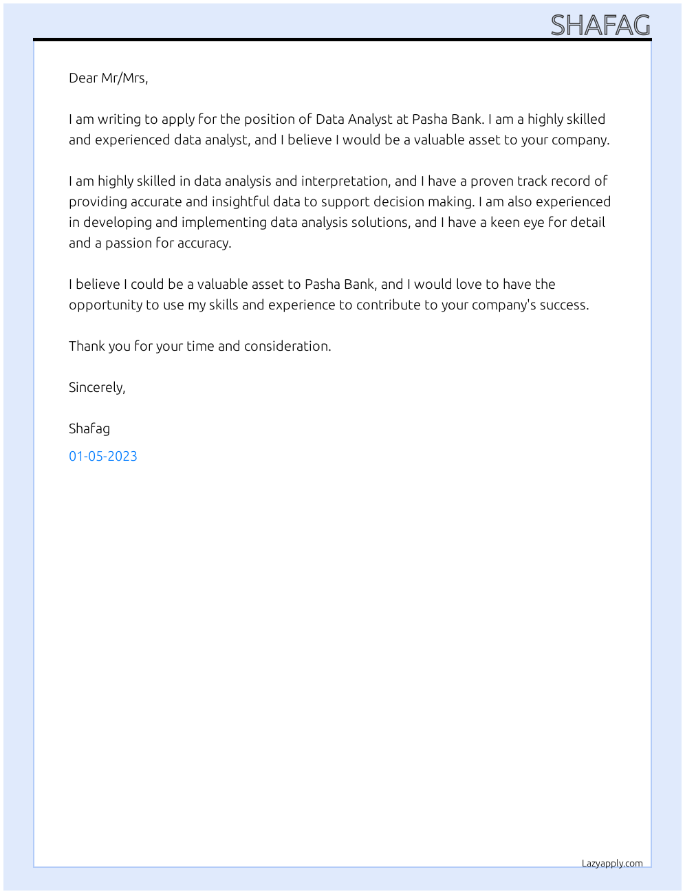 Data Analyst At Pasha Bank Cover Letter