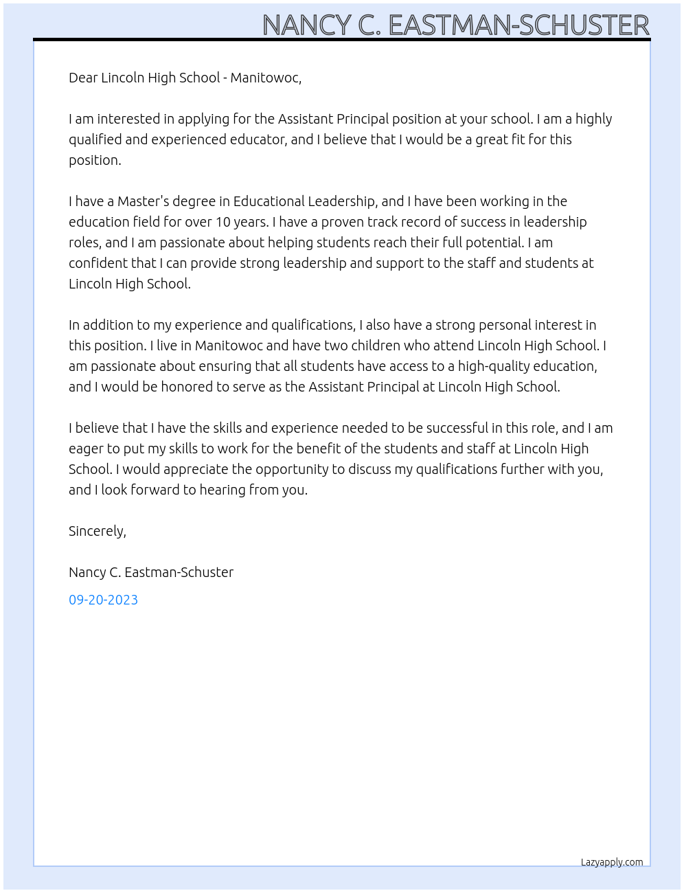 Assistant principal At Lincoln High School - Manitowoc Cover Letter