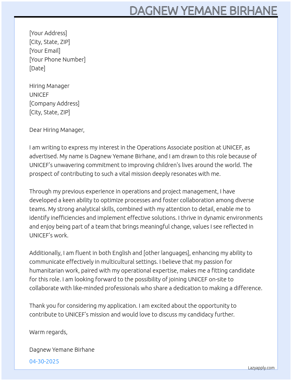 Operations Associate At UNICEF Cover Letter