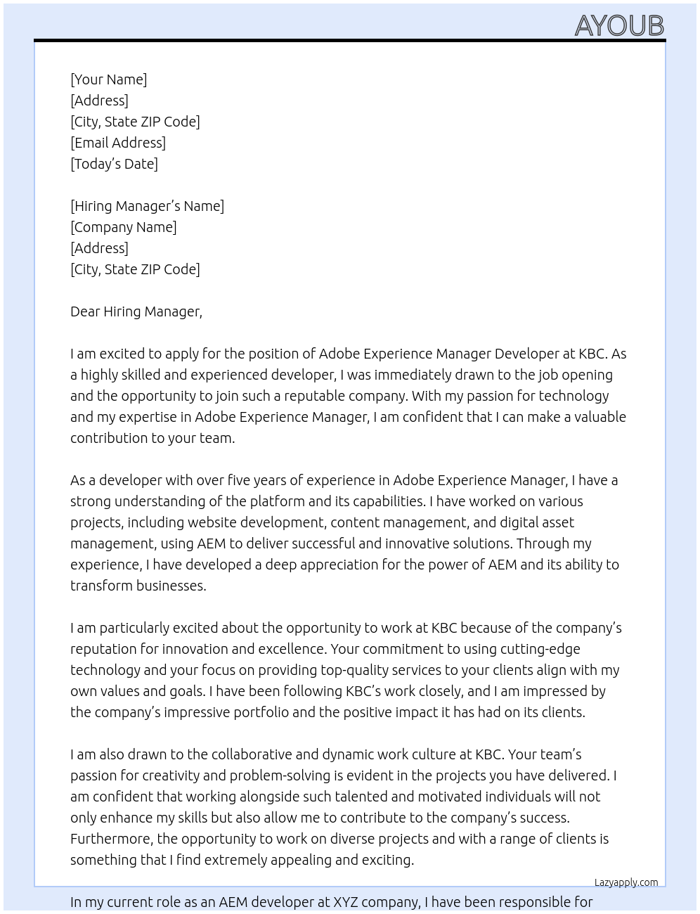 Cover letter for adobe experience manager developer - LazyApply