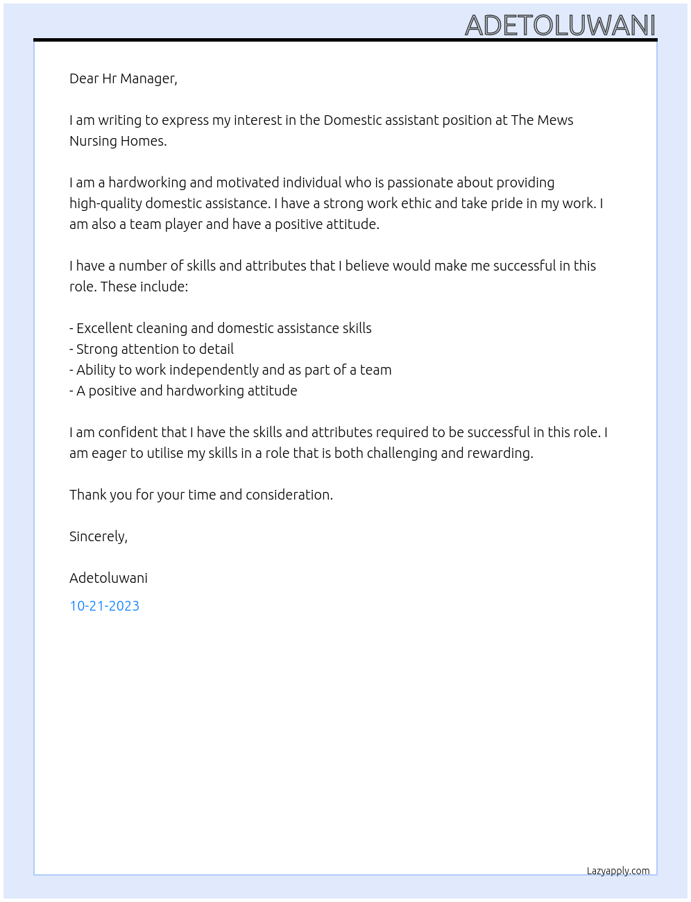 Domestic assistant At The Mews Nursing Homes Cover Letter