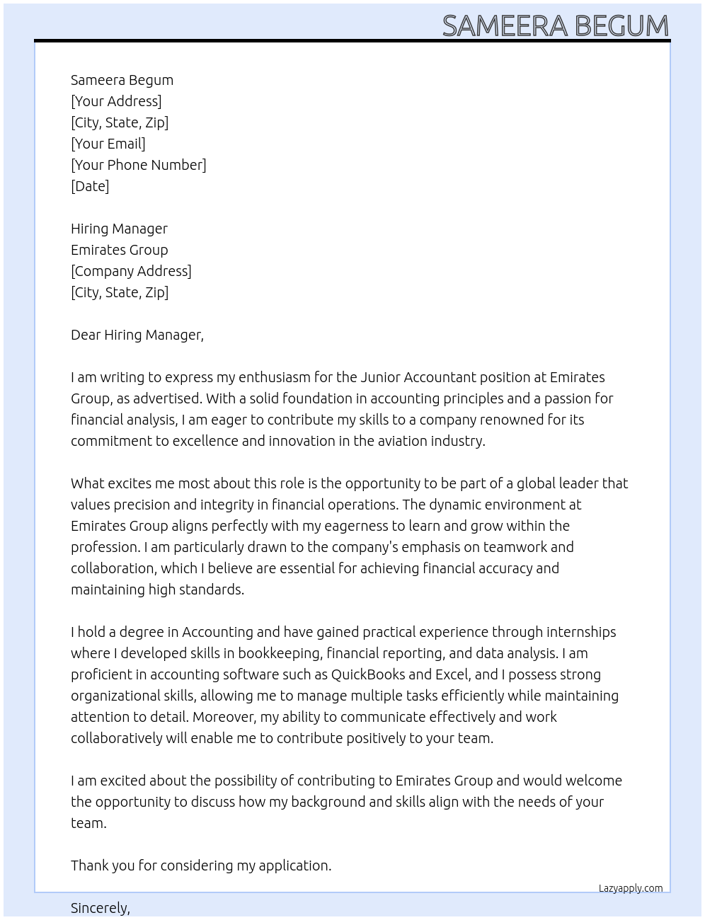 junior accountant At emirates group Cover Letter