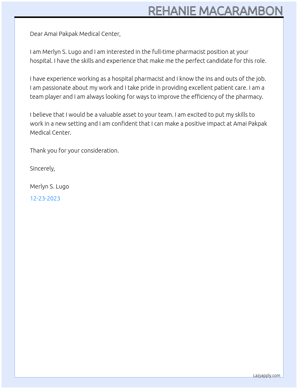 pharmacist At Amai Pakpak Medical Center Cover Letter