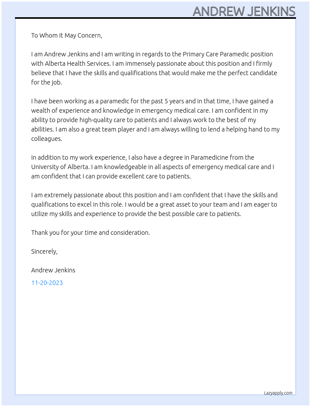 Primary Care Paramedic At Alberta Health Services Cover Letter