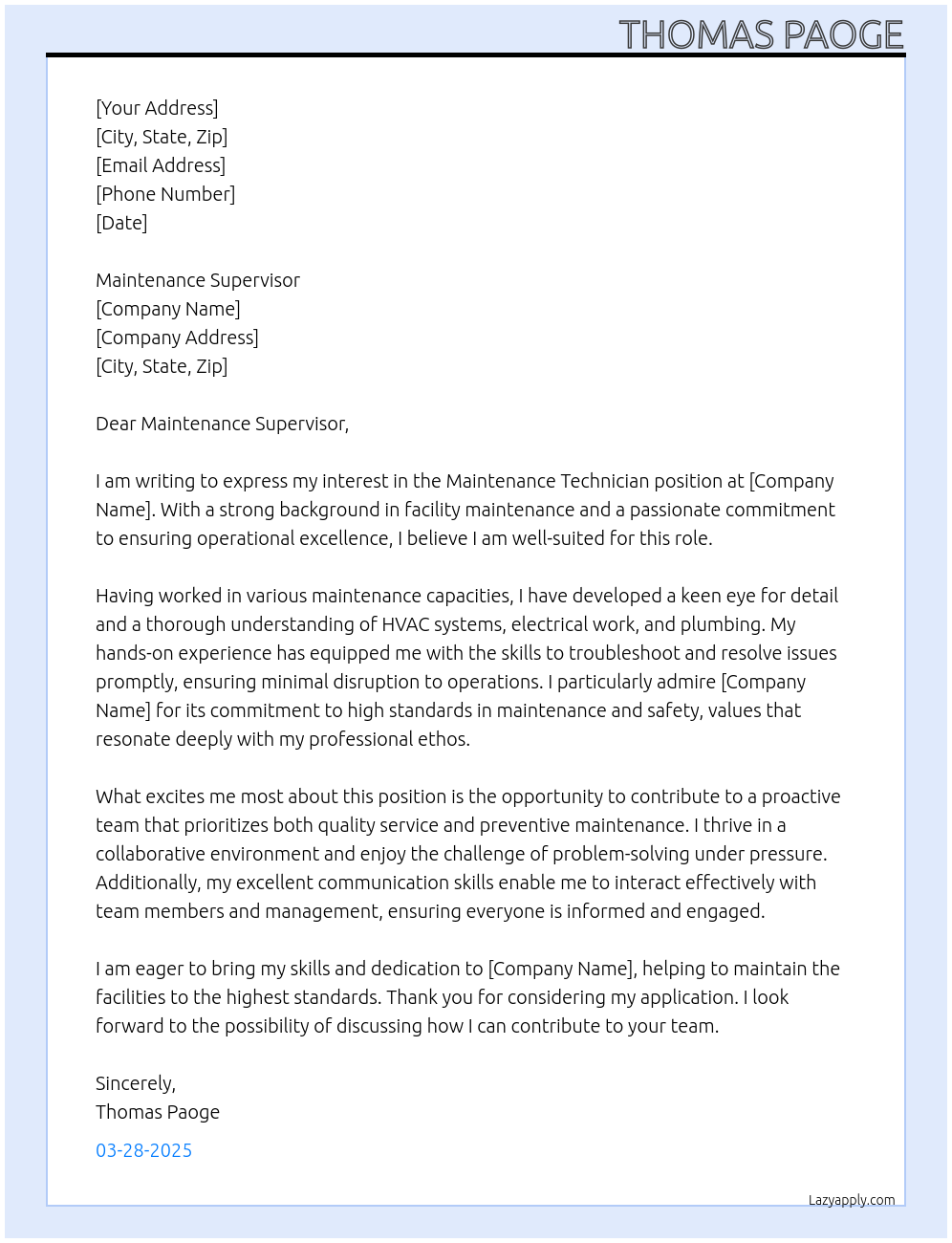 Maintenance tech At Maintenence supervisor Cover Letter