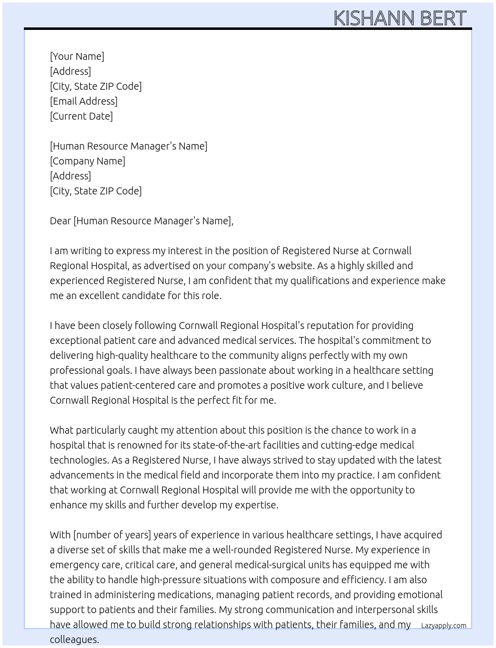 Registered Nurse At Cornwall Regional Hospital Cover Letter