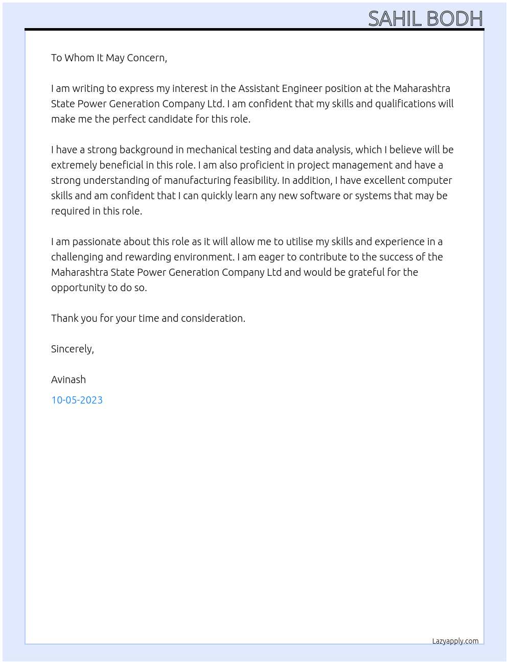 Assistant engineer At Maharashtra State Power Generation Company ltd Cover Letter