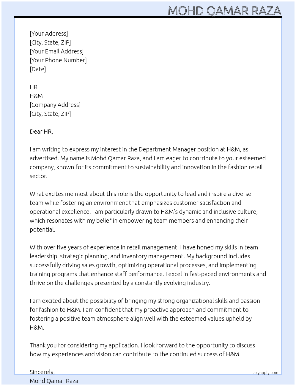 Department Manager At H&M Cover Letter