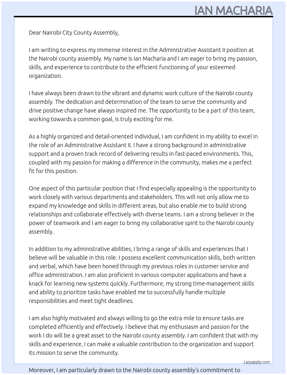 Administrative Assistant II At Nairobi county assembly Cover Letter
