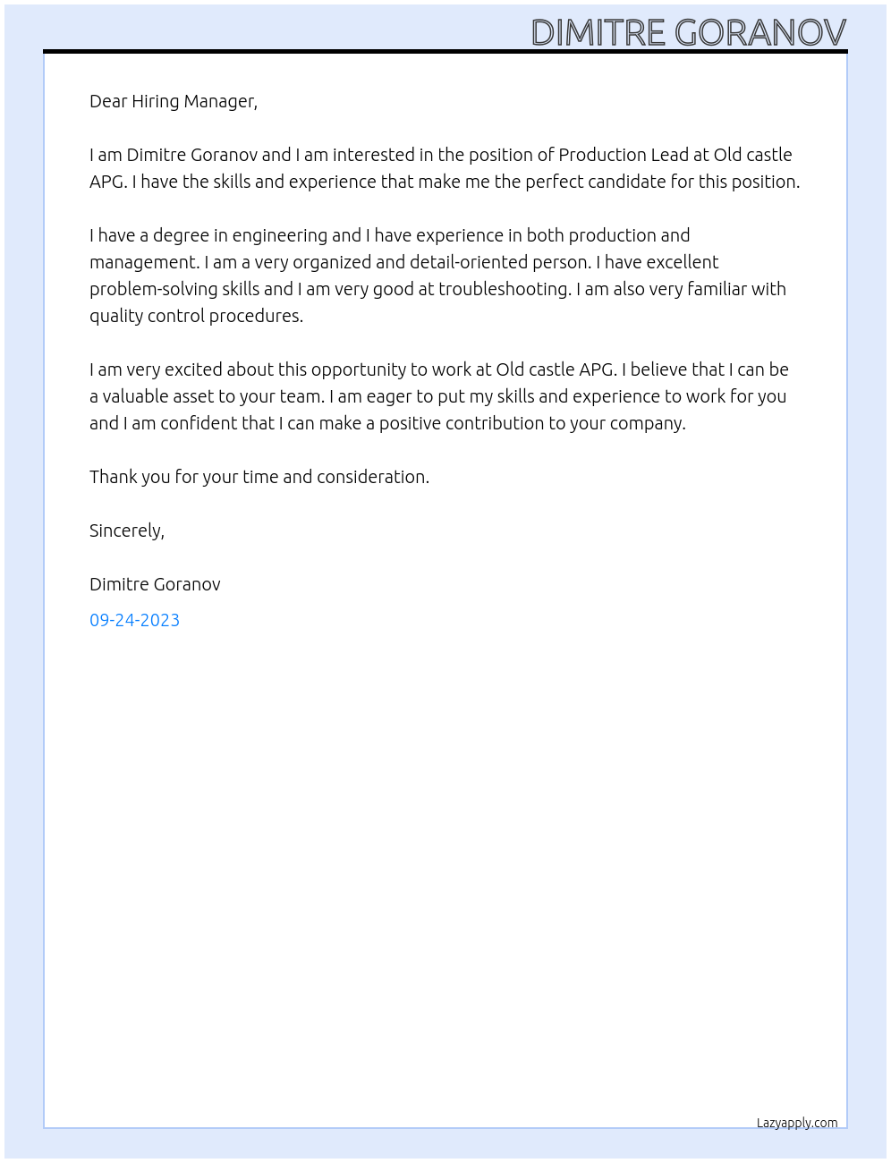Production lead At Old castle APG Cover Letter