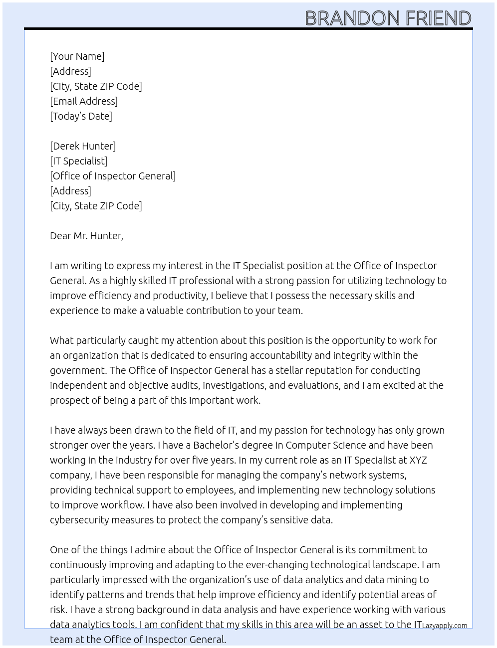 IT Specialist At Office of inspector general Cover Letter