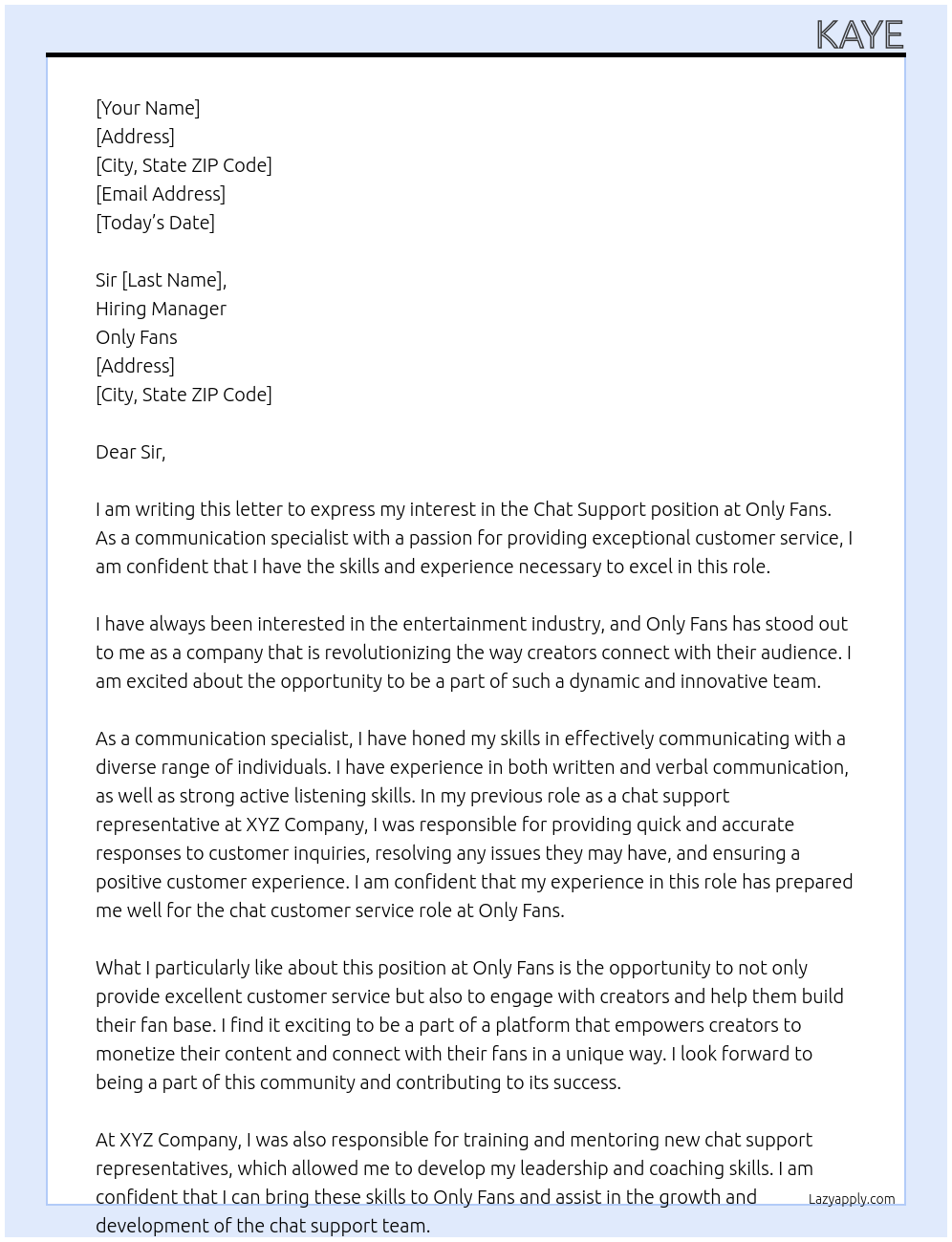 chat support At Only Fans Cover Letter