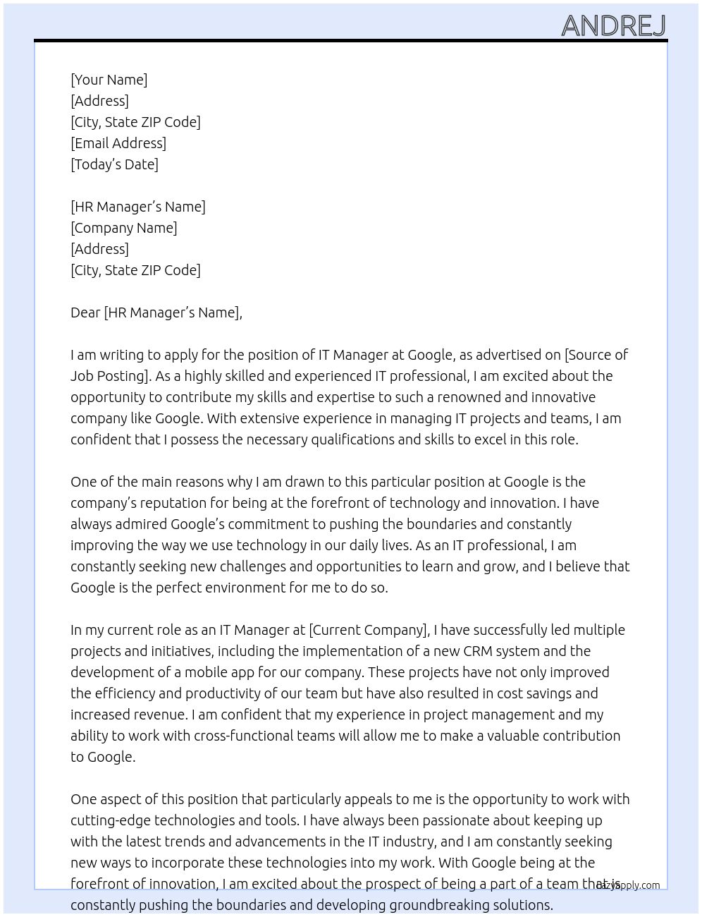 IT Manager At Google Cover Letter