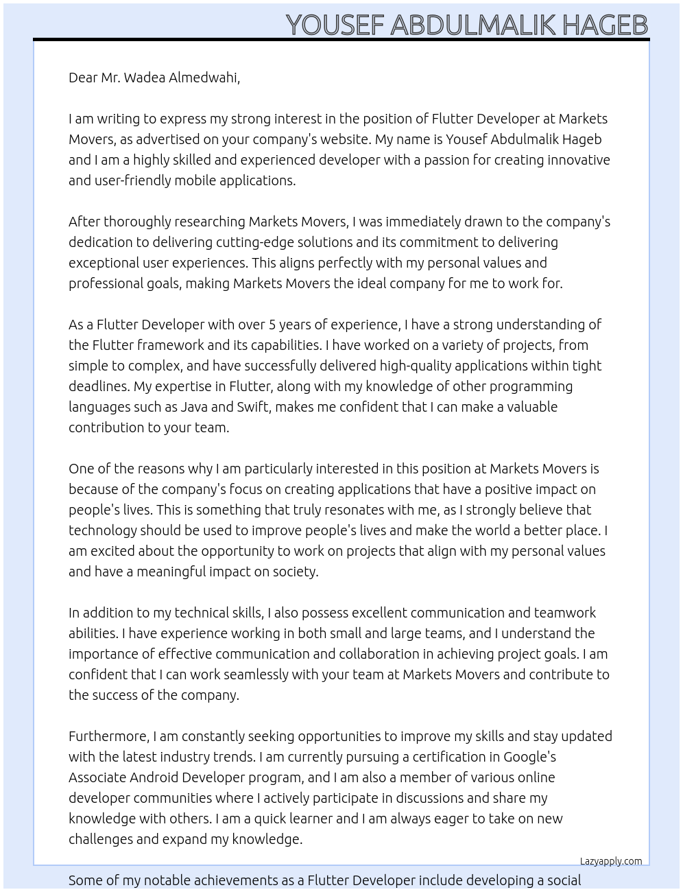 Flutter developer At Markets Movers Cover Letter