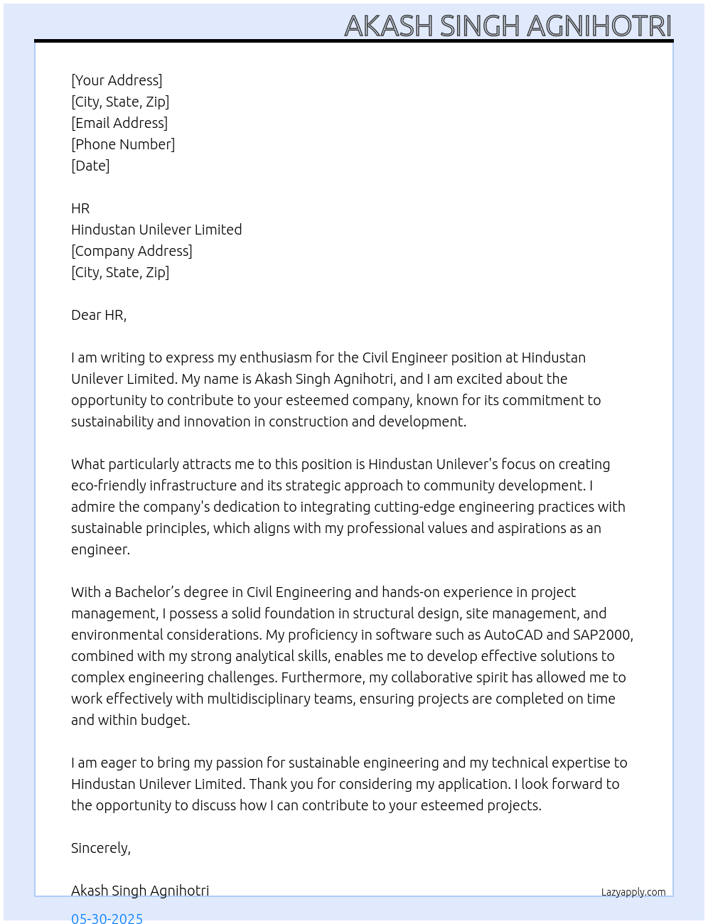 civil engineerr At Hindustan Unilever Limited Cover Letter