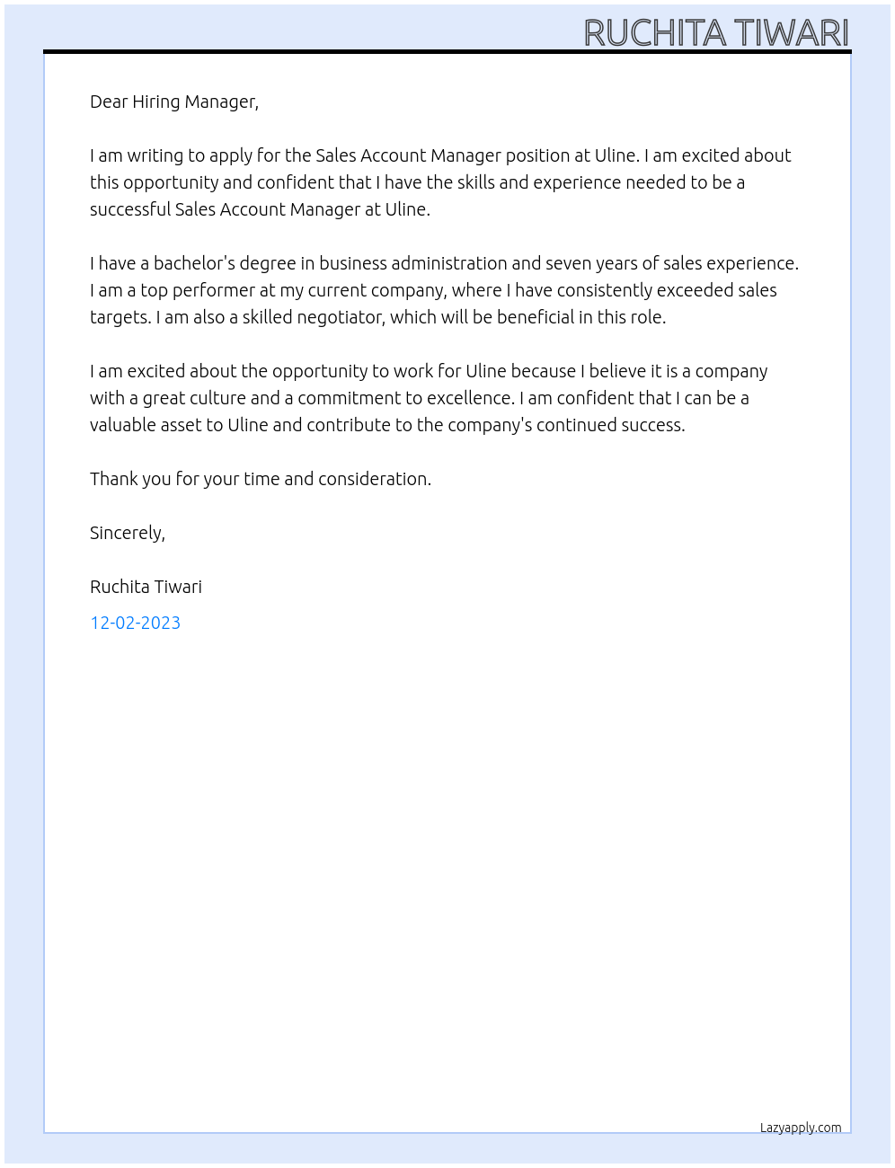 Sales Account Manager At Uline Cover Letter