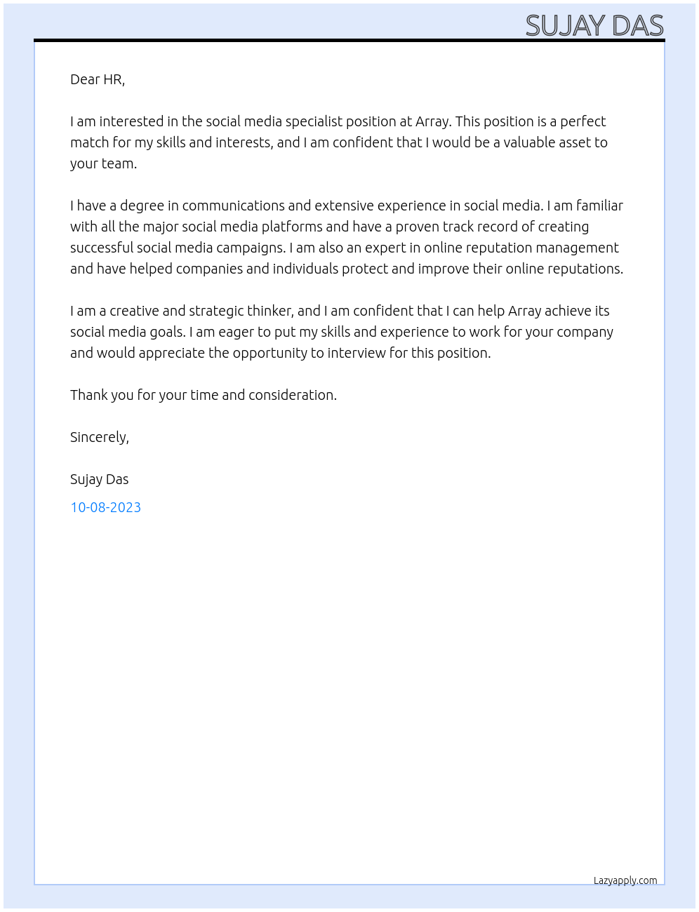 Social Media Specialist At Array Cover Letter