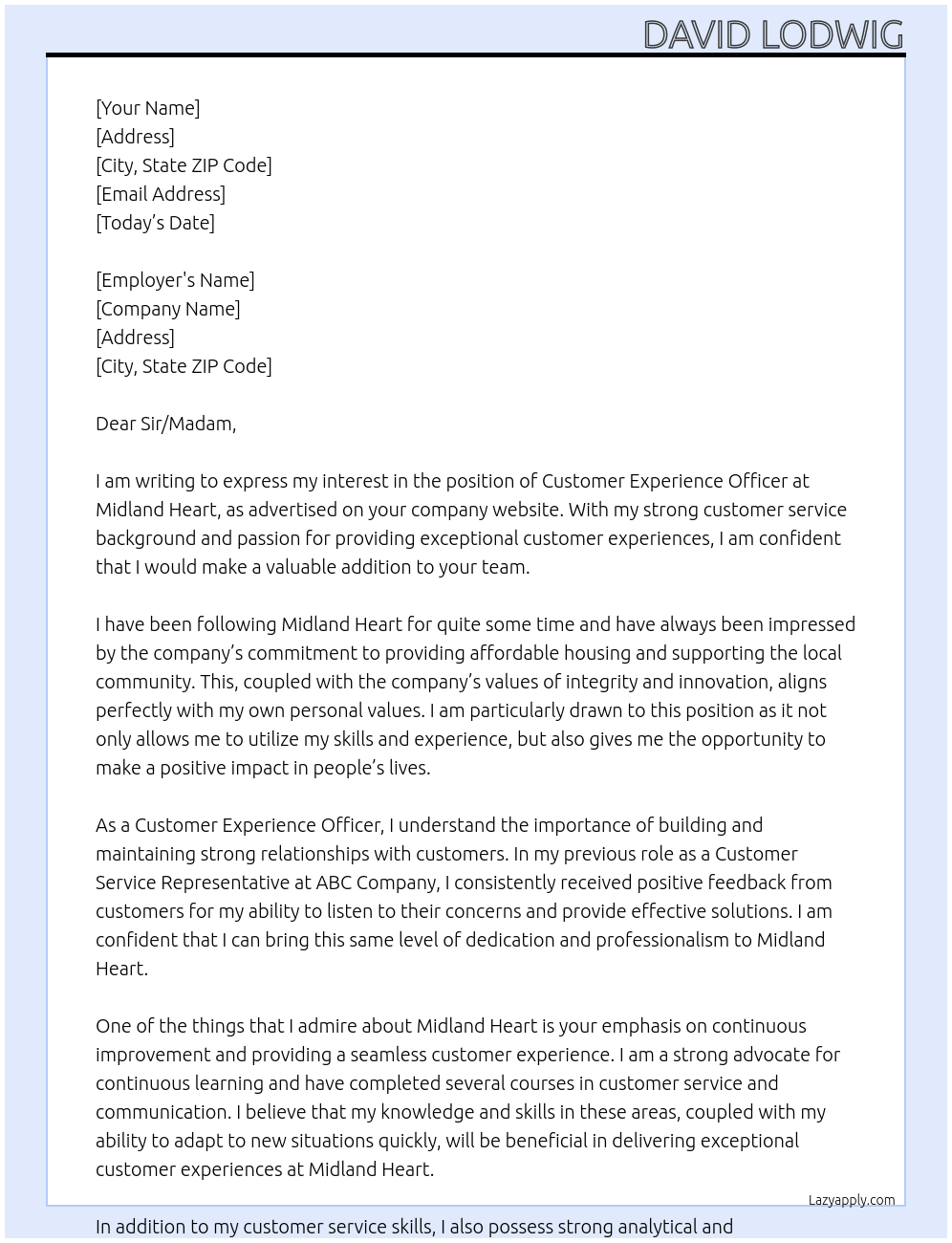 Customer Experience Officer At Midland Heart Cover Letter