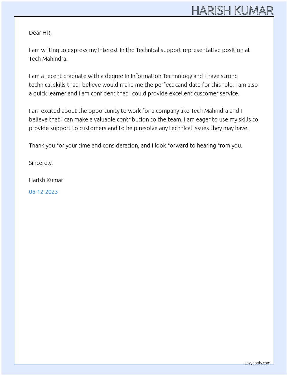 Technical support representative At Tech Mahindra Cover Letter