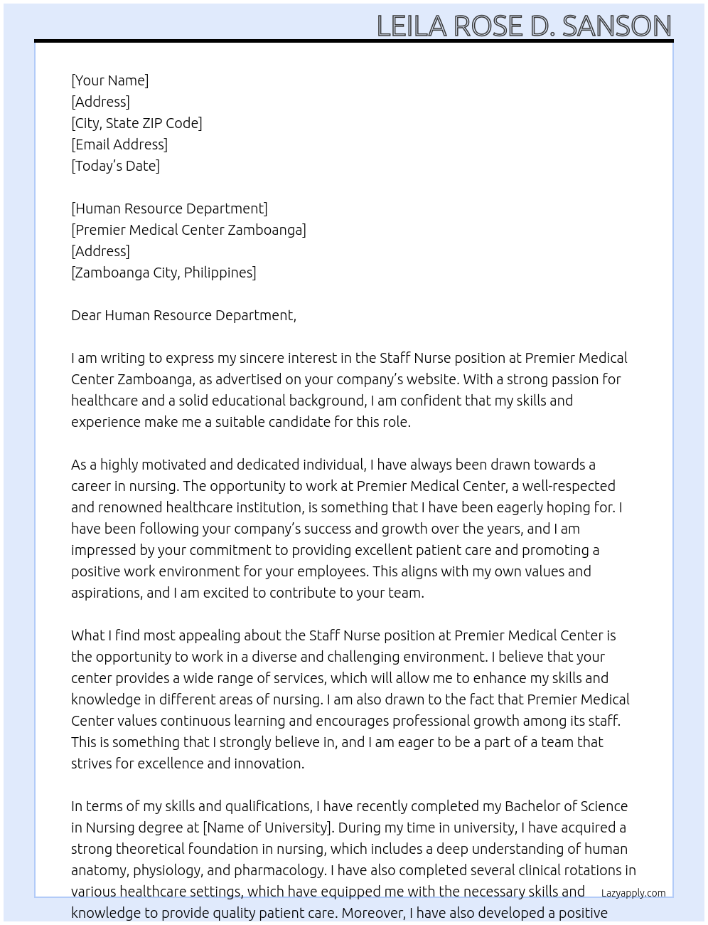 Staff Nurse At Premier Medical Center Zamboanga Cover Letter