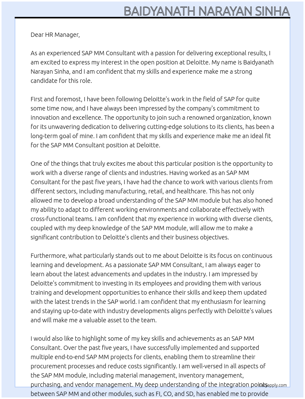 SAP MM Consultant At Deloitte Cover Letter