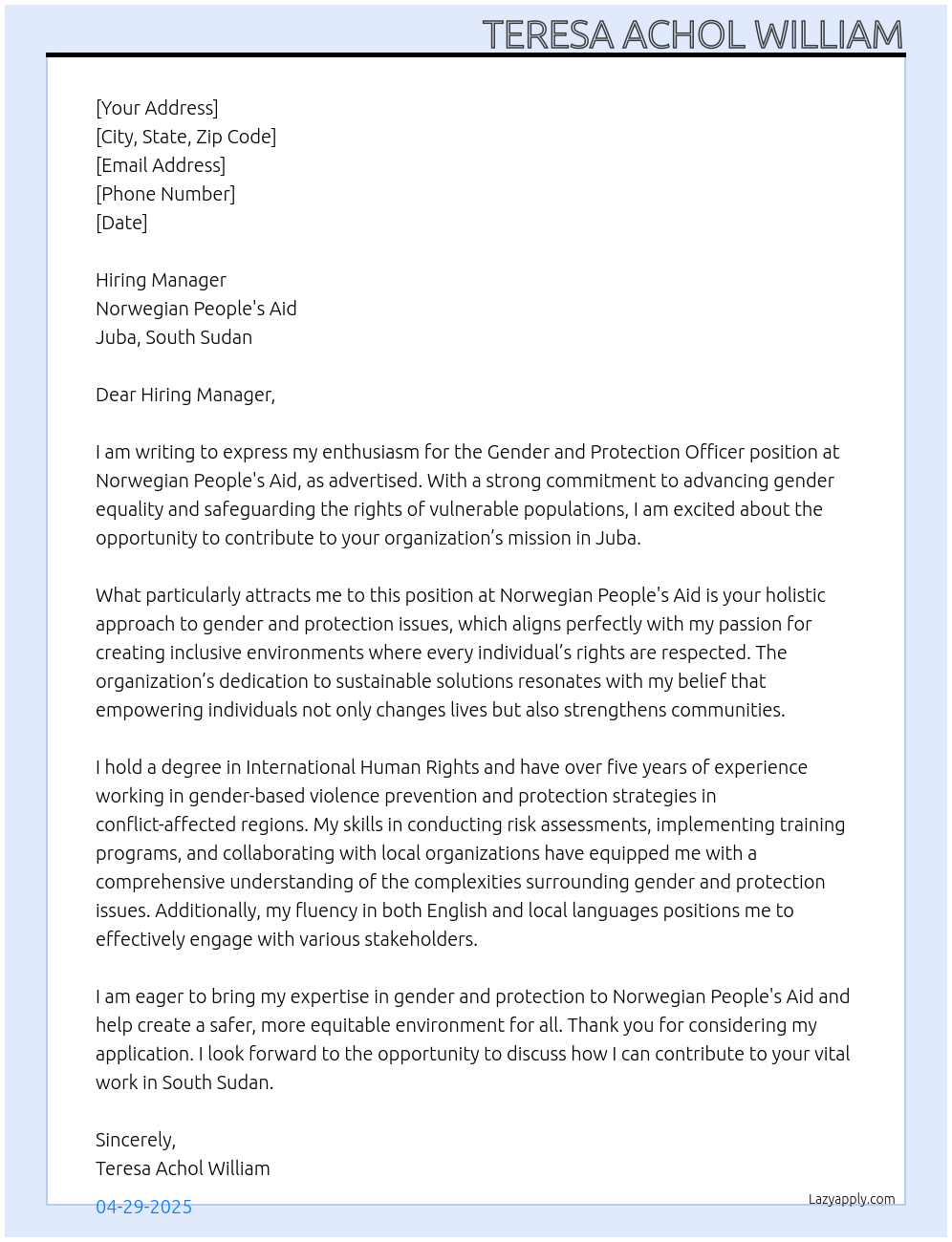 Gender and Protection Officer At Norwegian People's Aid, Juba South Sudan Cover Letter