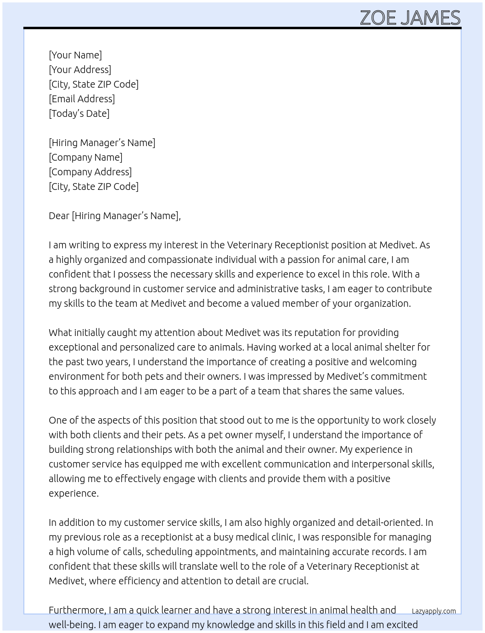 Veterinary Receptionist At Medivet Cover Letter