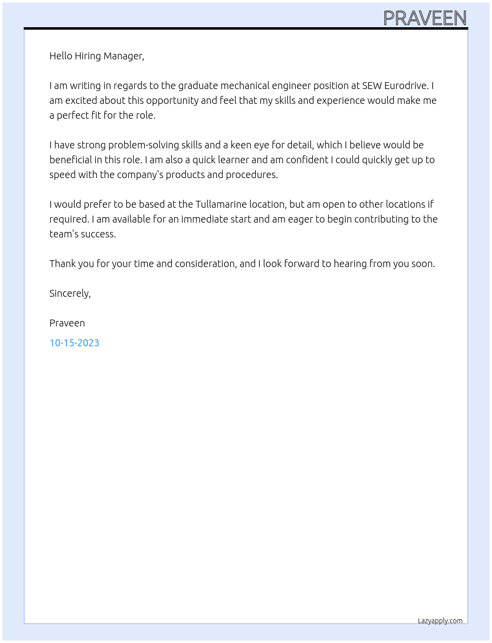 graduate mechanical engineer At SEW Eurodrive Cover Letter