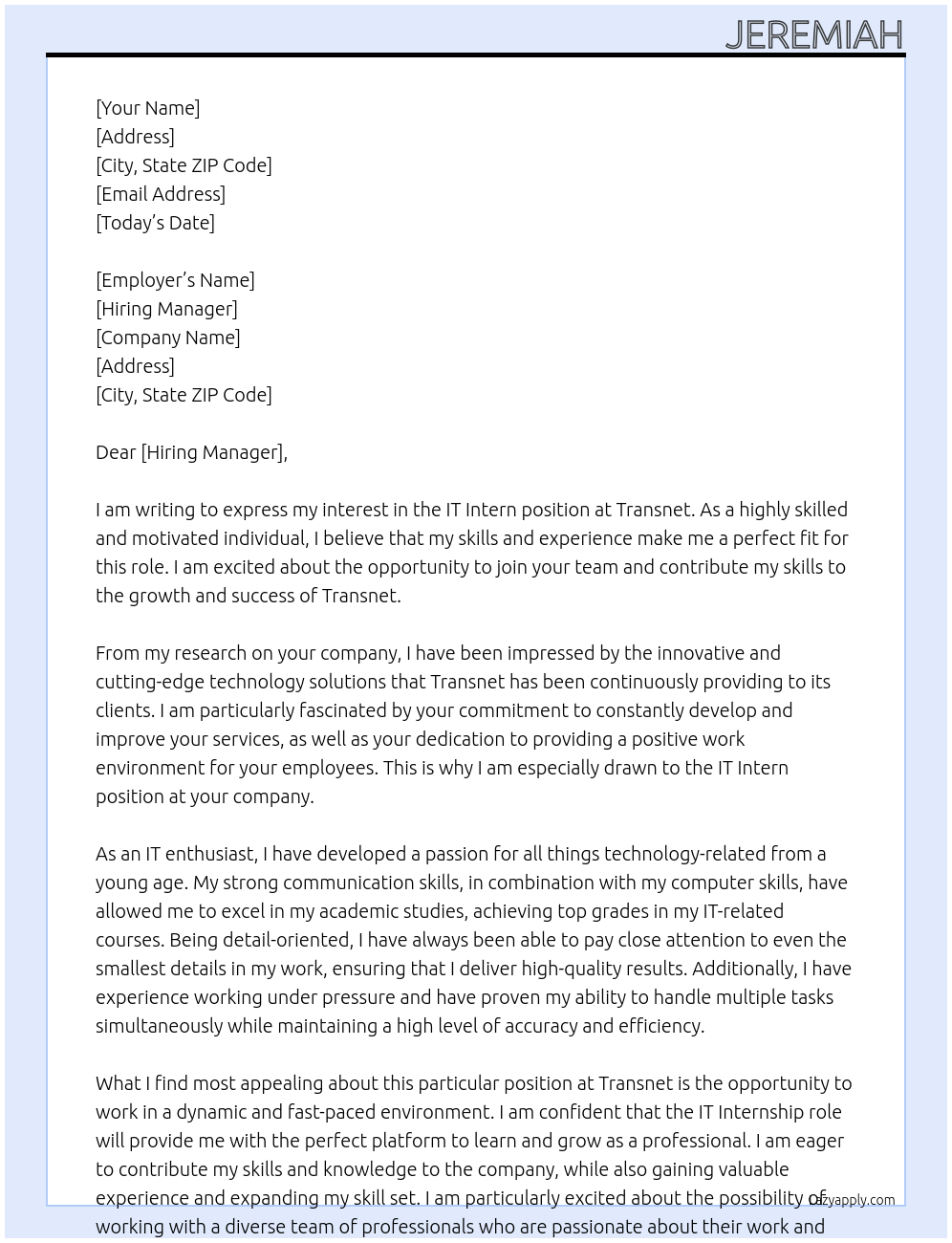 IT Intern At Transnet Cover Letter