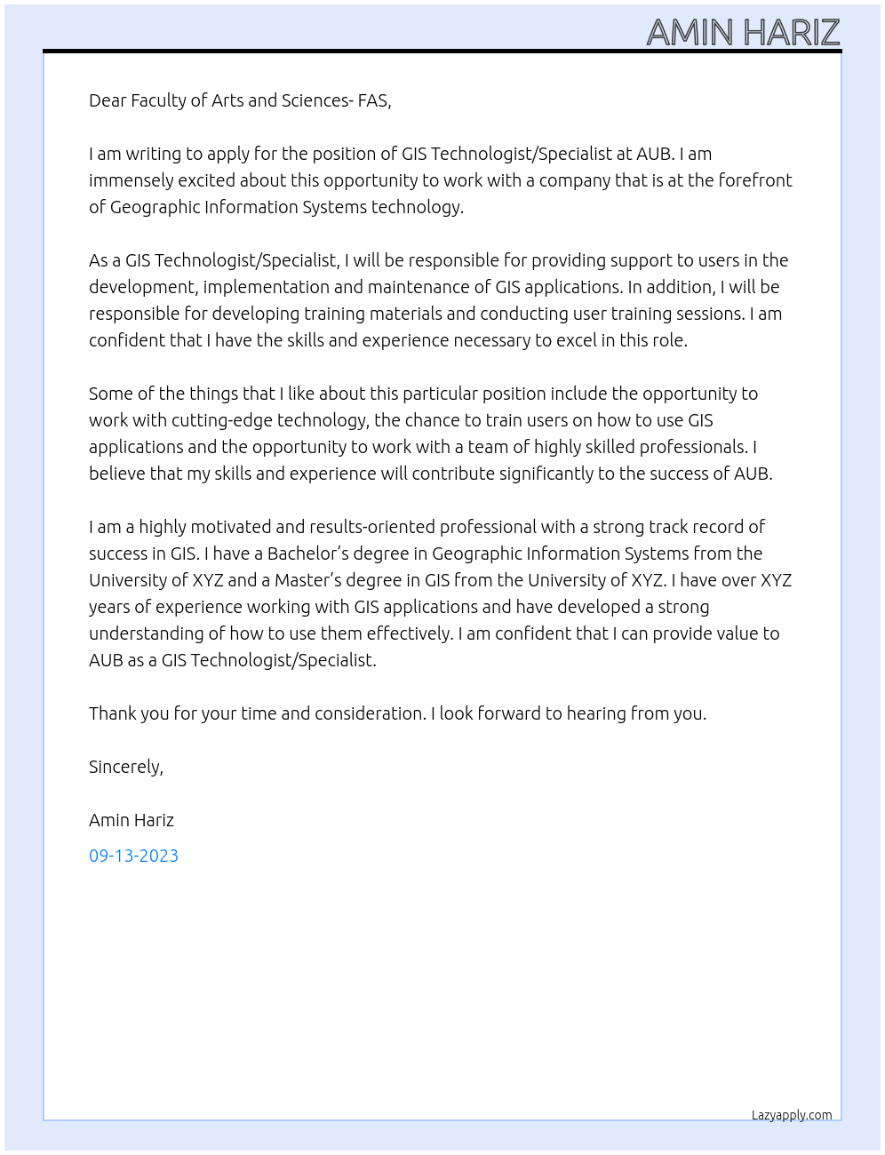 GIS Technologist/Specialist At AUB Cover Letter