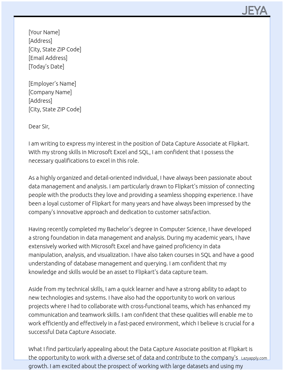 Data Capture Associate  At Flipkart  Cover Letter