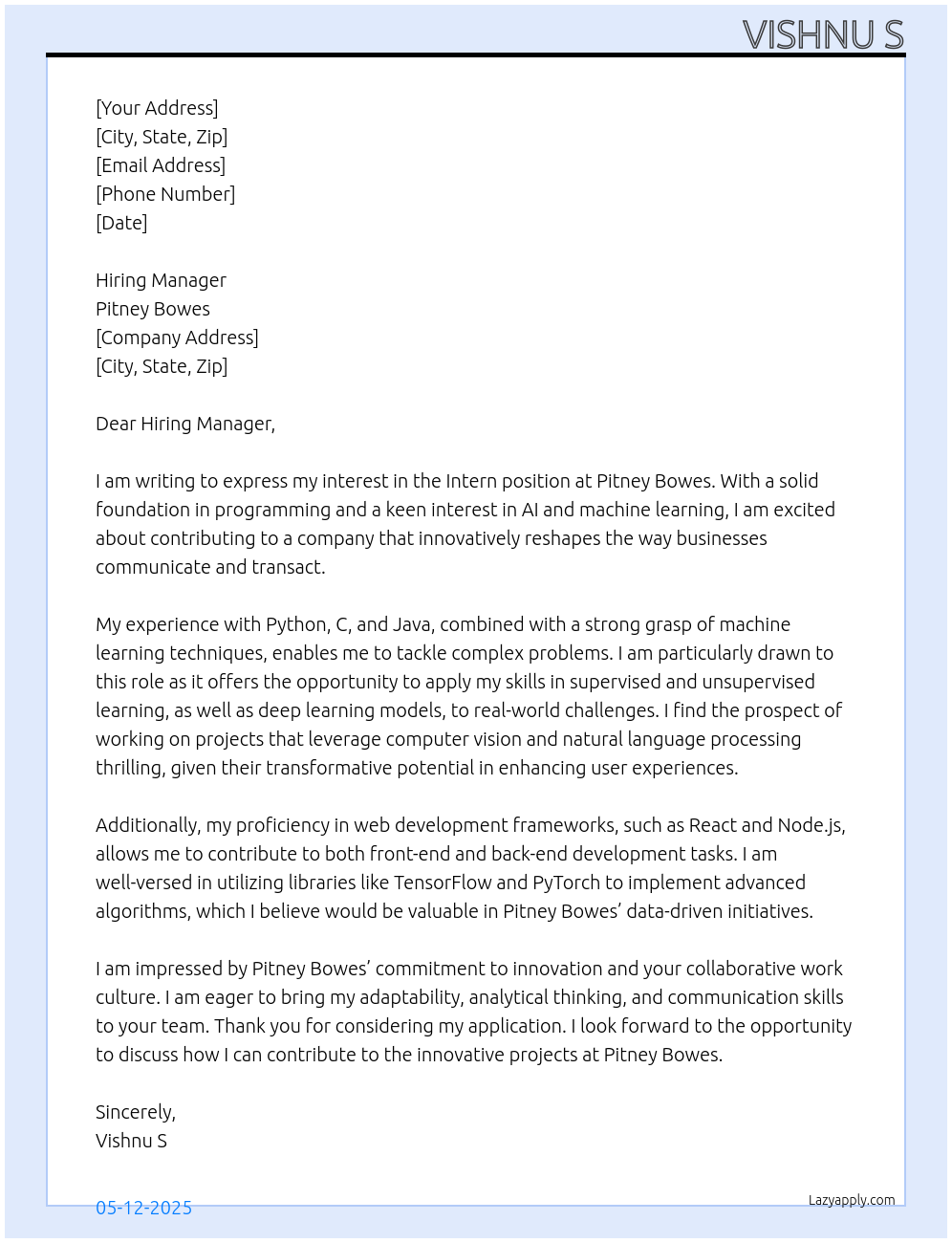 Intern At Pitney Bowes Cover Letter