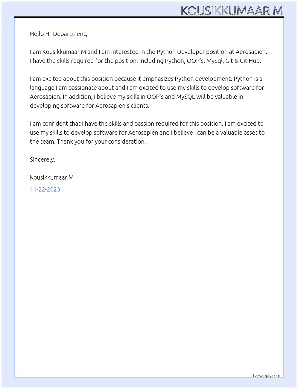 Python Developer At Aerosapien Cover Letter