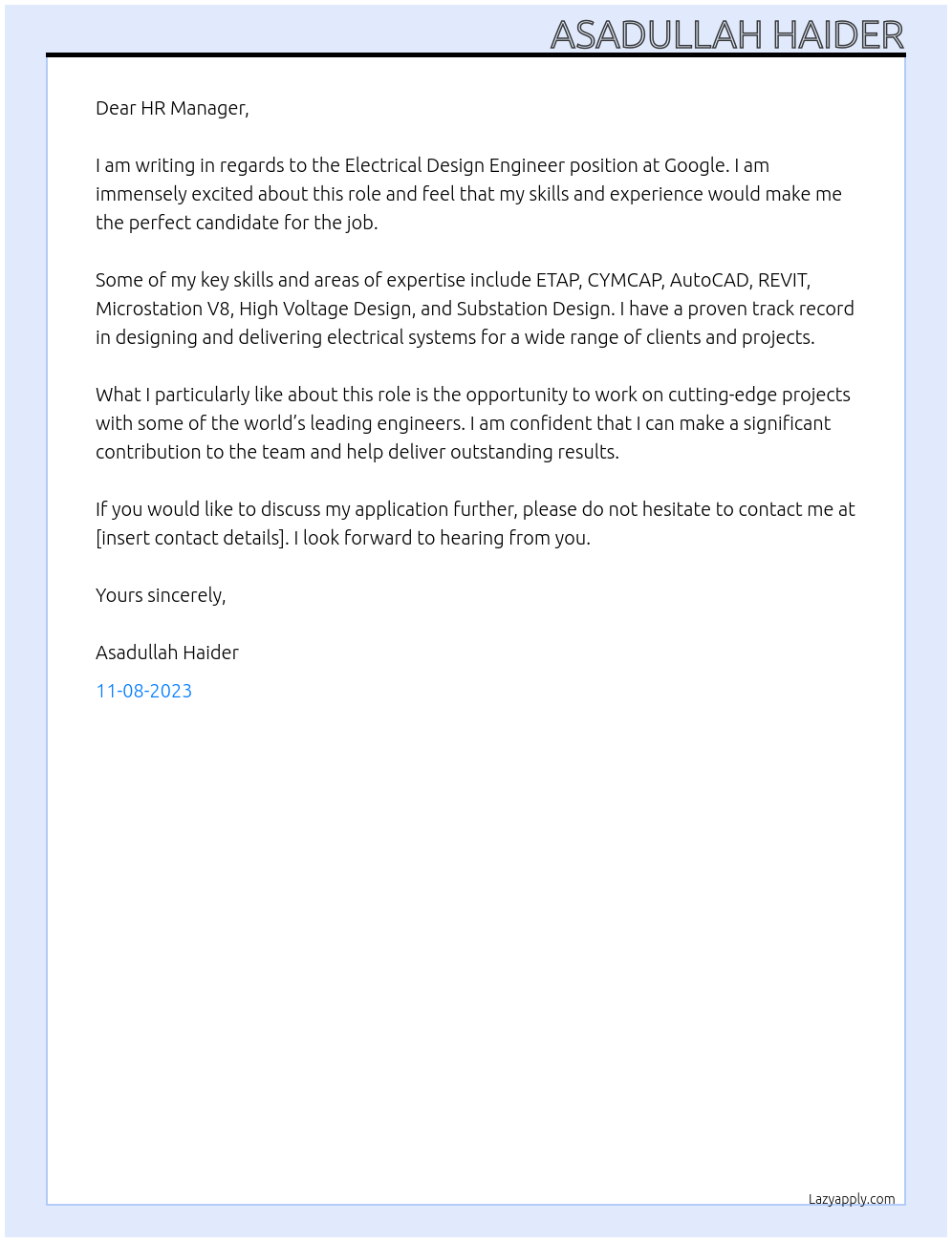 Electrical Design Engineer At Google Cover Letter