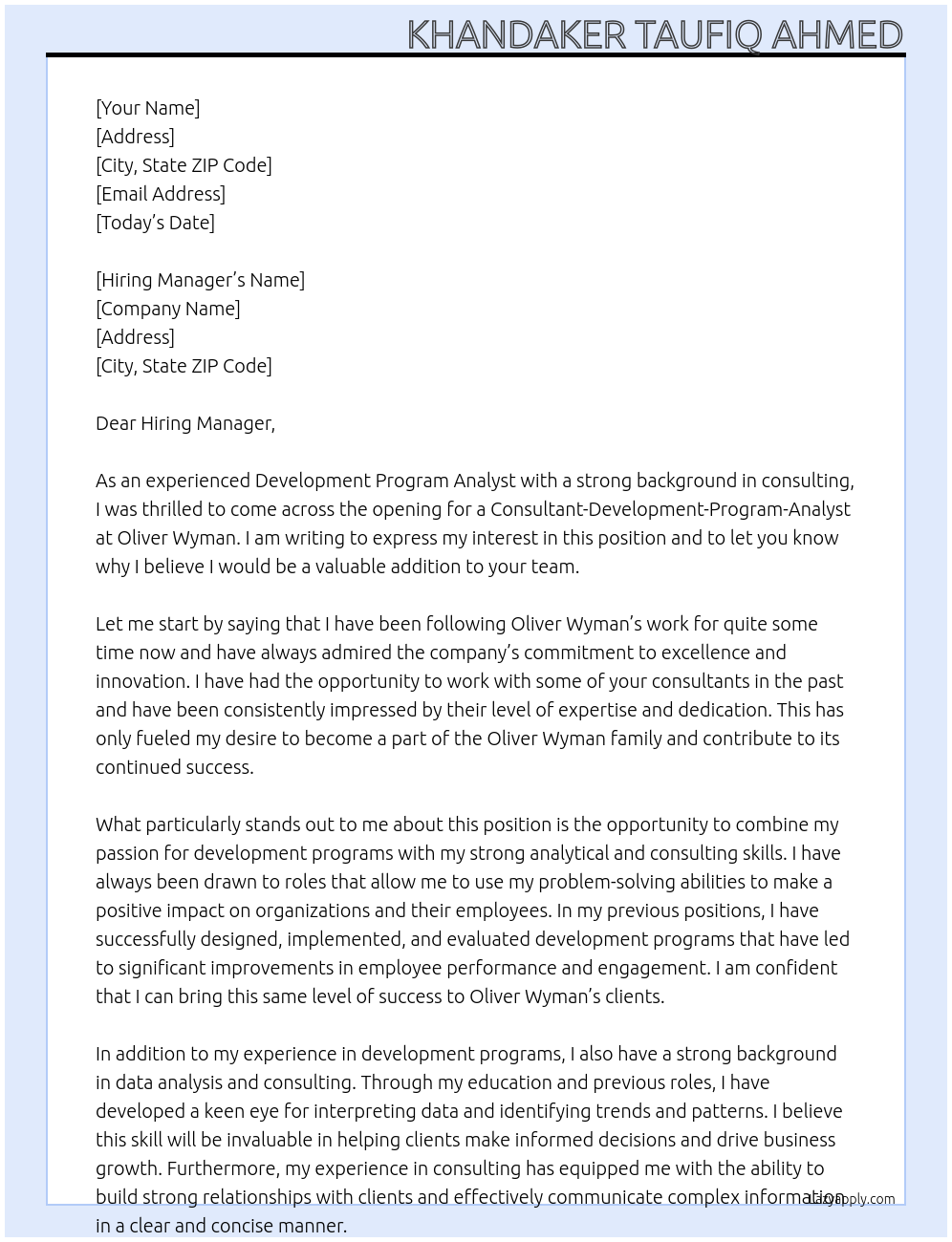 Cover letter for consultant-developement-program-analyst - LazyApply
