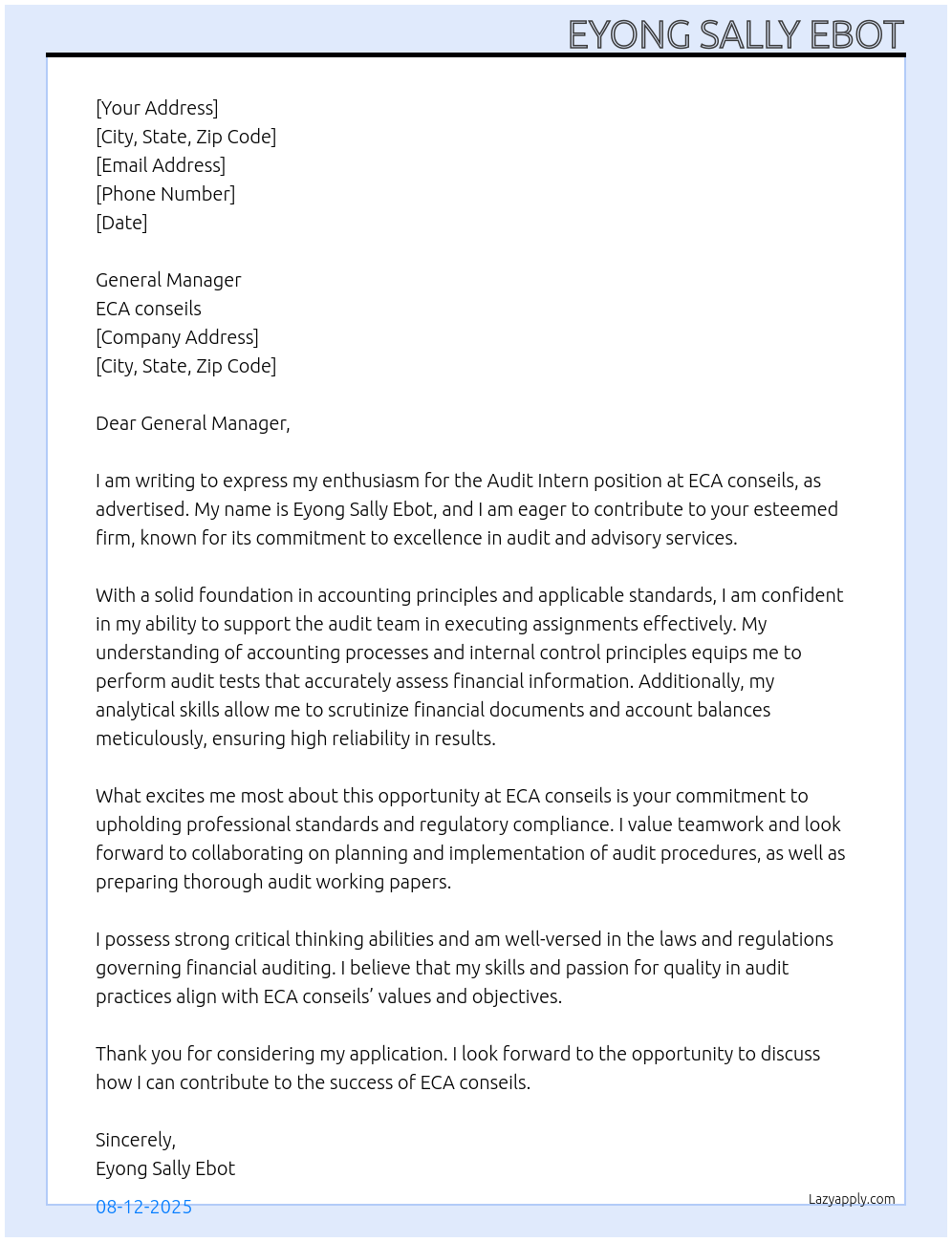 audit intern At ECA conseils Cover Letter