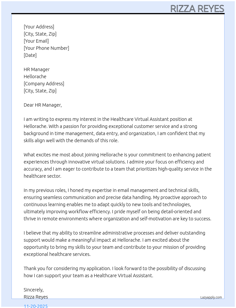 Healthcare Virtual Assistant At Hellorache Cover Letter