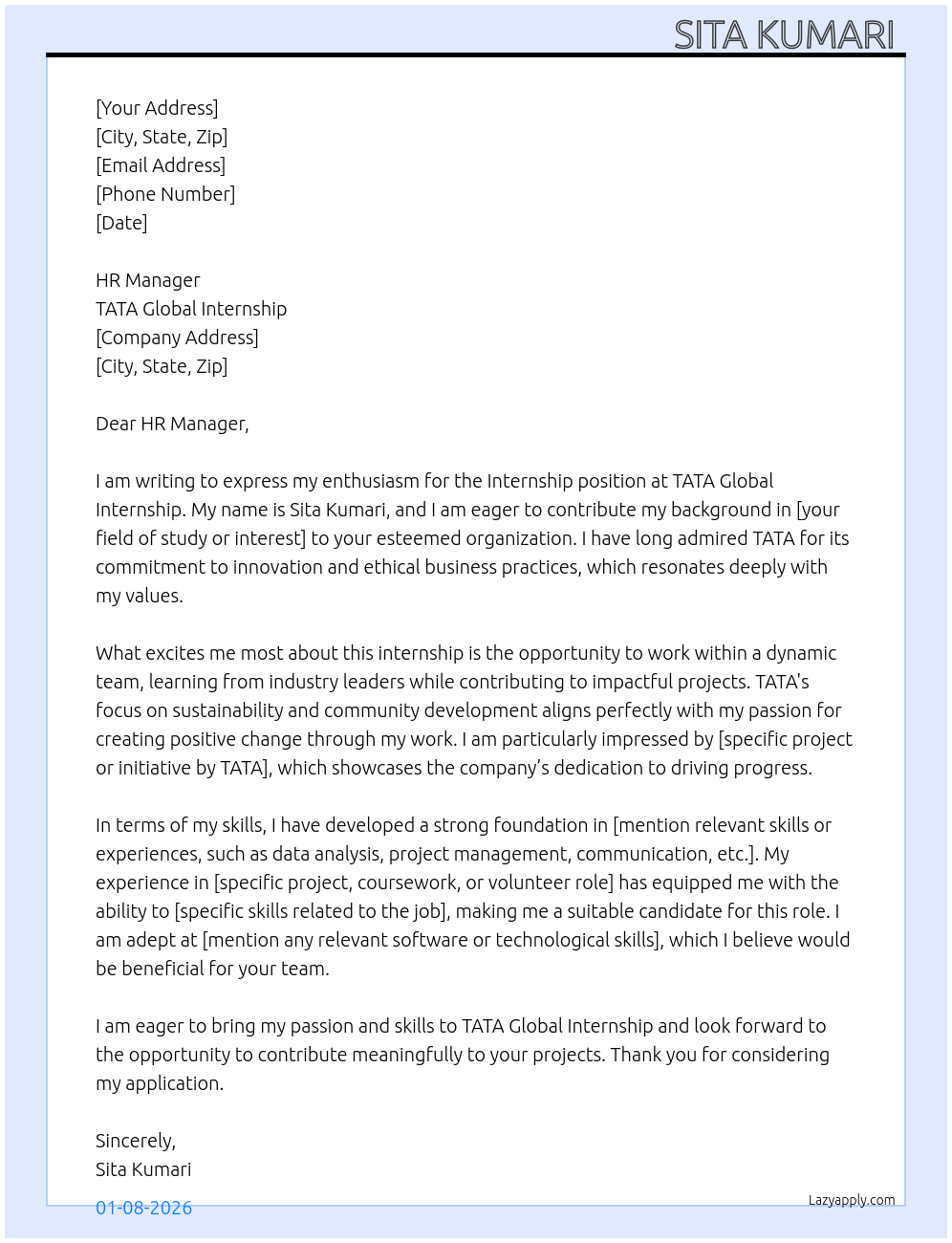 Cover letter for internship - LazyApply