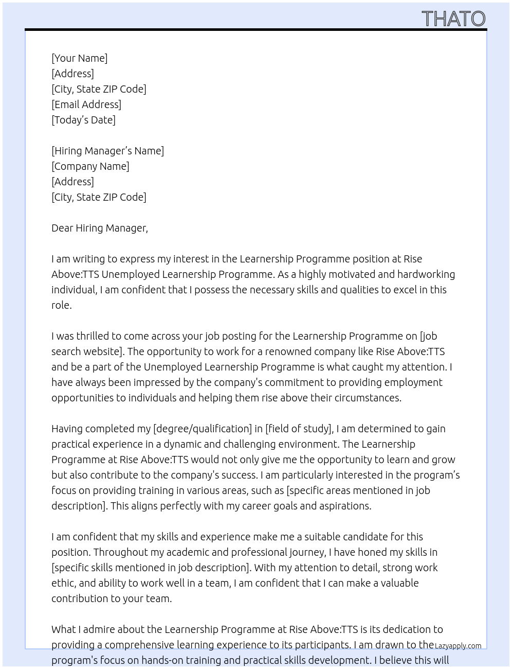 Learnership Programme  At Rise Above:TTS Unemployed Learnership Programme  Cover Letter
