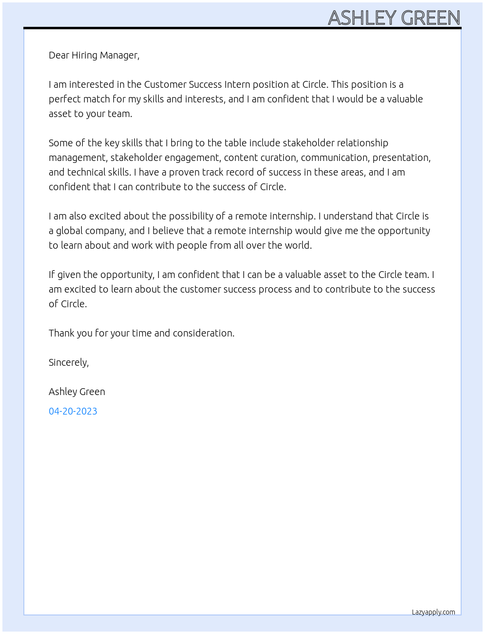 Customer Success Intern At Circle Cover Letter