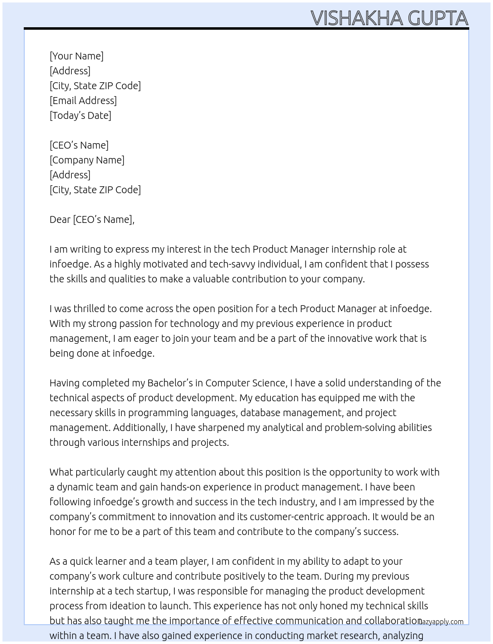 tech Product manager At infoedge Cover Letter