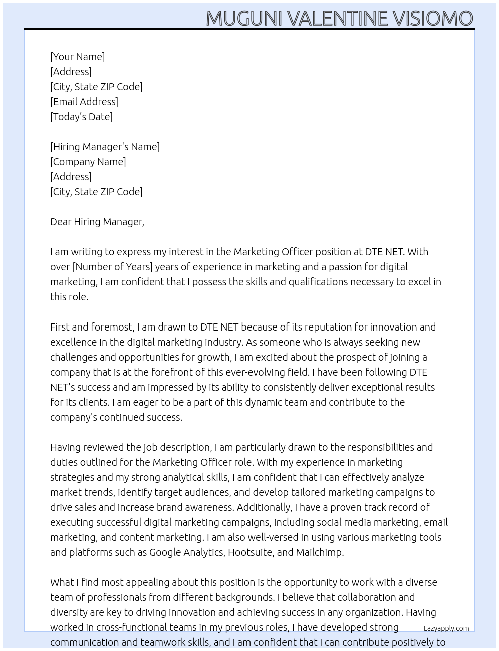 Marketing Officer At DTE NET Cover Letter