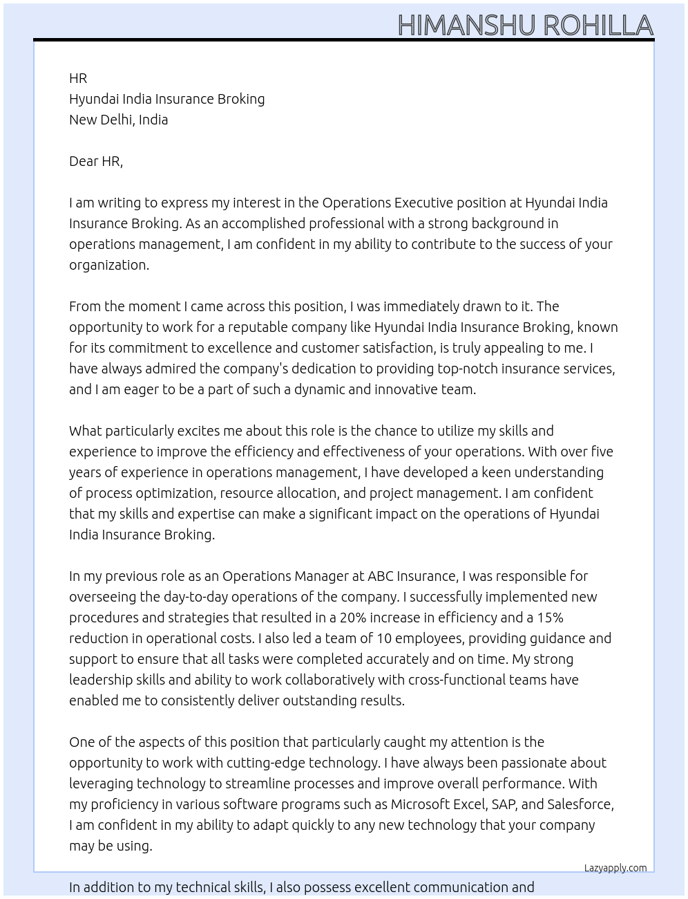 Operations Executive At Hyundai India Insurance Broking Cover Letter