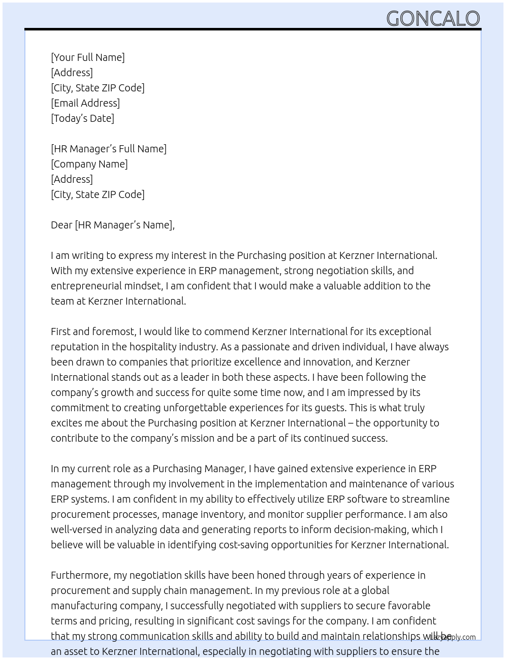 purchasing At Kerzner international Cover Letter