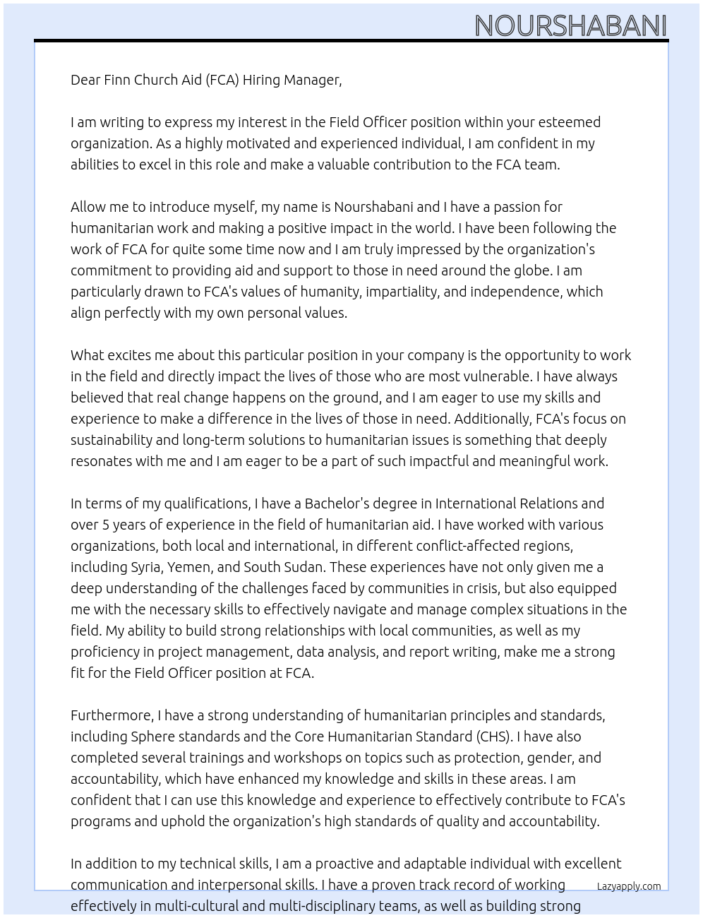 Field Officer At Finn Church Aid (FCA) Cover Letter