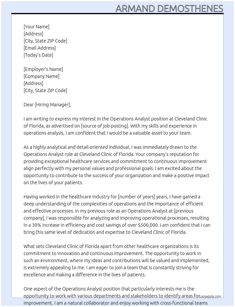 Operations Analyst At Cleveland Clinic of Florida Cover Letter